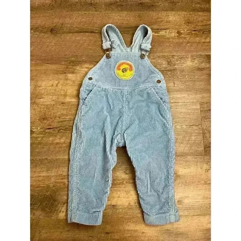 Vtg Hush Puppies Velour Corduroy Overalls Boys 24 Month Football Blue Snap